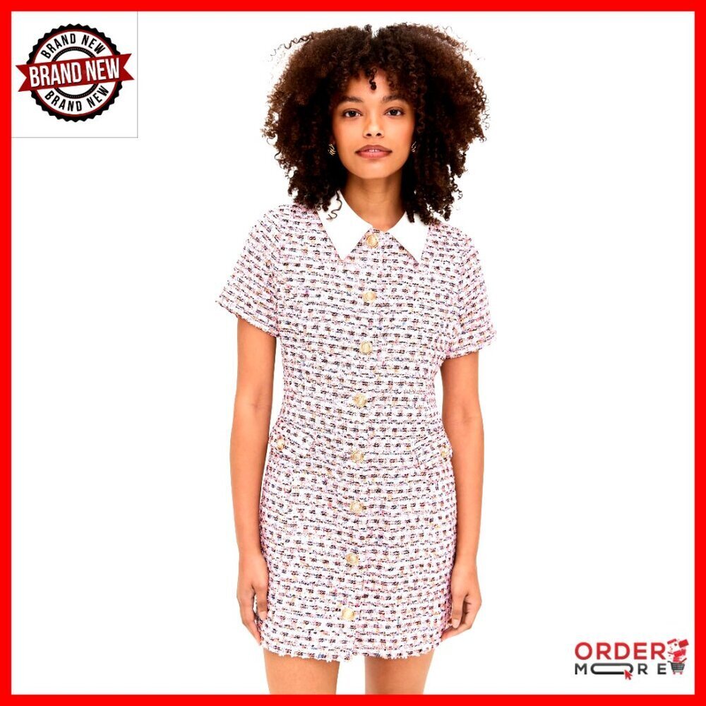 Tweed Collared Short Sleeve Dress with Gold Buttons, Faux Pockets